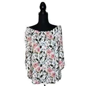 Time and Tru Top Off Shoulder Floral Blouse Trumpet Flared Sleeves Women’s L